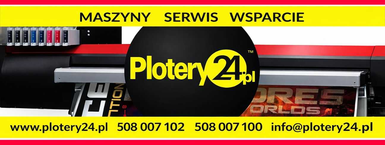 Baner Plotery24.pl przedstawiający ploter wielkoformatowy oraz zakres usług: maszyny, serwis i wsparcie