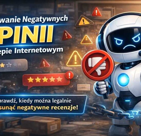 Blokowanie negatywnych opinii w sklepie internetowym – grafika z robotem i znakiem zakazu