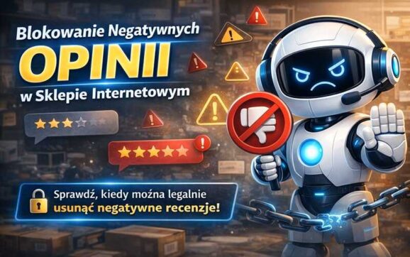 Blokowanie negatywnych opinii w sklepie internetowym – grafika z robotem i znakiem zakazu