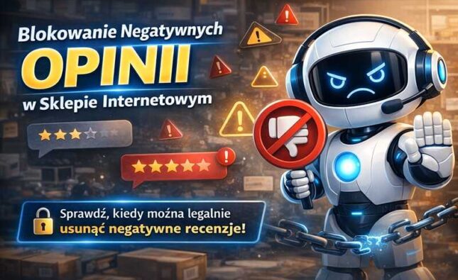 Blokowanie negatywnych opinii w sklepie internetowym – grafika z robotem i znakiem zakazu