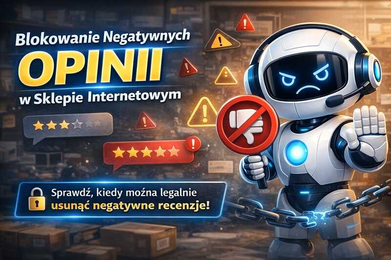 Blokowanie negatywnych opinii w sklepie internetowym – grafika z robotem i znakiem zakazu