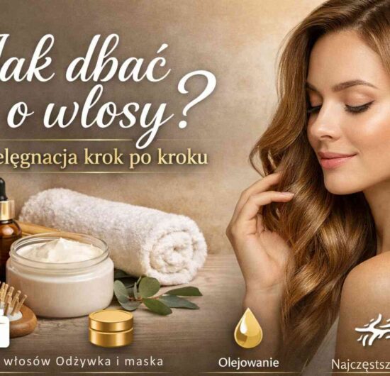 Okładka artykułu „Jak dbać o włosy?” – kobieta z długimi włosami oraz kosmetyki do pielęgnacji włosów.