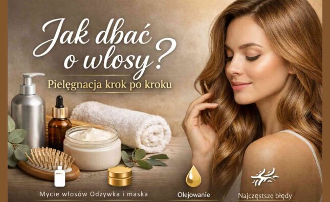 Okładka artykułu „Jak dbać o włosy?” – kobieta z długimi włosami oraz kosmetyki do pielęgnacji włosów.