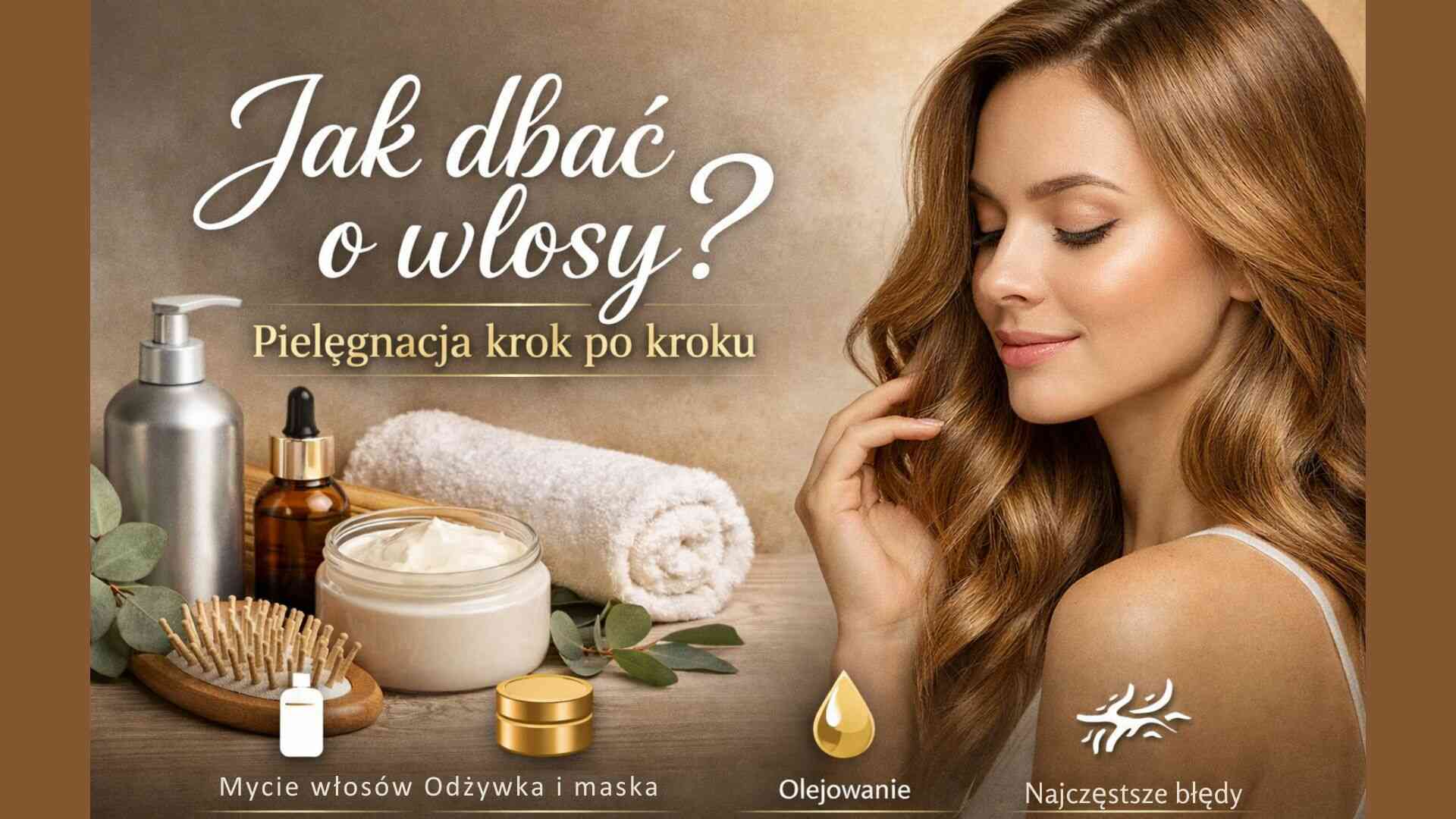 Okładka artykułu „Jak dbać o włosy?” – kobieta z długimi włosami oraz kosmetyki do pielęgnacji włosów.
