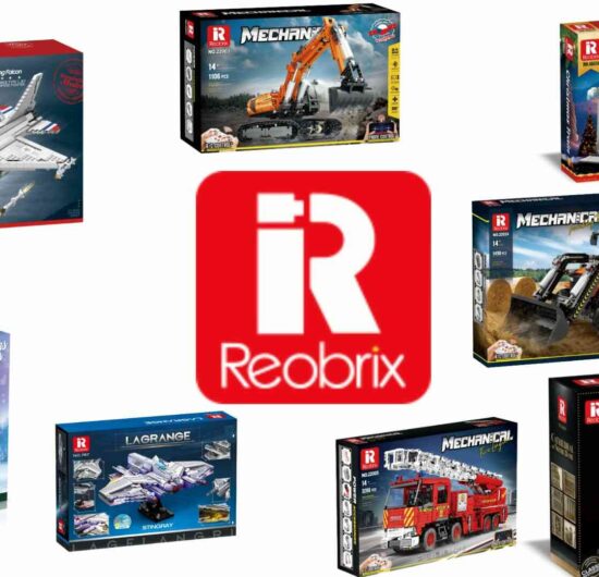 Kolaż Reobrix – zestawy klocków: samolot, koparka, pociąg, budowle i pojazdy