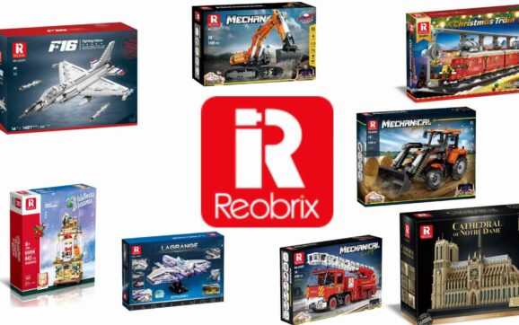 Kolaż Reobrix – zestawy klocków: samolot, koparka, pociąg, budowle i pojazdy