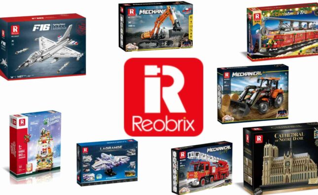 Kolaż Reobrix – zestawy klocków: samolot, koparka, pociąg, budowle i pojazdy