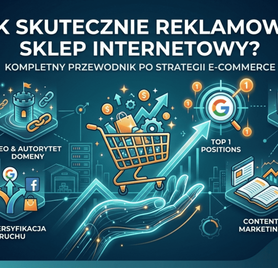 Okładka artykułu o reklamie sklepu internetowego. Nowoczesna ilustracja w odcieniach błękitu i pomarańczu. Stylizowana dłoń ze światła unosi złoty wózek zakupowy pełen produktów w kierunku celu z napisem "Google TOP 1 POSITIONS". W tle widać sieć data-center, budynki e-commerce i floatingowe moduły symbolizujące: SEO i autorytet domeny, dywersyfikację ruchu oraz content marketing. U góry czytelny biały napis: "JAK SKUTECZNIE REKLAMOWAĆ SKLEP INTERNETOWY?" z podtytułem.