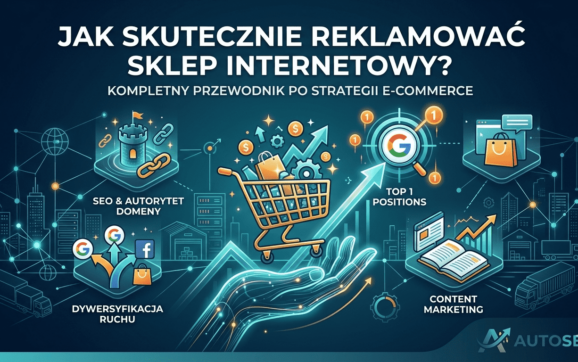 Okładka artykułu o reklamie sklepu internetowego. Nowoczesna ilustracja w odcieniach błękitu i pomarańczu. Stylizowana dłoń ze światła unosi złoty wózek zakupowy pełen produktów w kierunku celu z napisem "Google TOP 1 POSITIONS". W tle widać sieć data-center, budynki e-commerce i floatingowe moduły symbolizujące: SEO i autorytet domeny, dywersyfikację ruchu oraz content marketing. U góry czytelny biały napis: "JAK SKUTECZNIE REKLAMOWAĆ SKLEP INTERNETOWY?" z podtytułem.