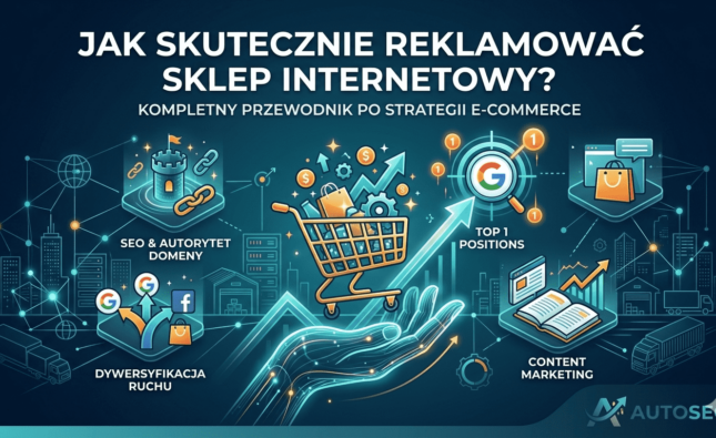 Okładka artykułu o reklamie sklepu internetowego. Nowoczesna ilustracja w odcieniach błękitu i pomarańczu. Stylizowana dłoń ze światła unosi złoty wózek zakupowy pełen produktów w kierunku celu z napisem "Google TOP 1 POSITIONS". W tle widać sieć data-center, budynki e-commerce i floatingowe moduły symbolizujące: SEO i autorytet domeny, dywersyfikację ruchu oraz content marketing. U góry czytelny biały napis: "JAK SKUTECZNIE REKLAMOWAĆ SKLEP INTERNETOWY?" z podtytułem.