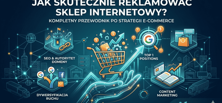 Okładka artykułu o reklamie sklepu internetowego. Nowoczesna ilustracja w odcieniach błękitu i pomarańczu. Stylizowana dłoń ze światła unosi złoty wózek zakupowy pełen produktów w kierunku celu z napisem "Google TOP 1 POSITIONS". W tle widać sieć data-center, budynki e-commerce i floatingowe moduły symbolizujące: SEO i autorytet domeny, dywersyfikację ruchu oraz content marketing. U góry czytelny biały napis: "JAK SKUTECZNIE REKLAMOWAĆ SKLEP INTERNETOWY?" z podtytułem.