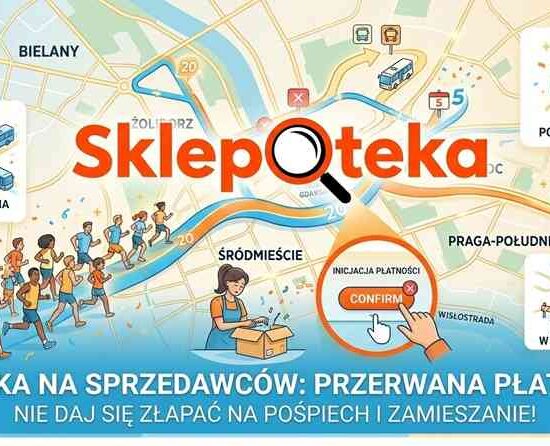 Jasna, radosna grafika okładkowa artykułu Ostrzeżenie Przed Przerwanymi Płatnościami na Sklepoteka.com.pl. Adaptująca styl mapy centralnej Warszawy, z zintegrowanym logiem Sklepoteka. Od lewej uśmiechnięta dłoń, złożona ze światła, wskazuje na mapę, unikając radosnych przeszkód. Pośrodku zmęczony sprzedawca trzyma paczkę i patrzy na powiększoną lupę ze statusem "PŁATNOŚCI INICJACJA". Z boku radosny kupujący zamyka okno przeglądarki z napisem "KONIEC". Całość buduje poczucie zorganizowania, oszczędności i profesjonalnego sukcesu e-commerce.