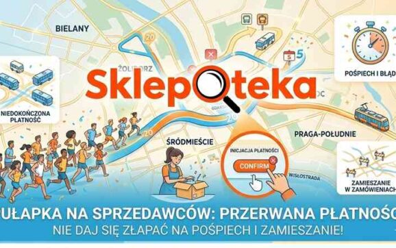 Jasna, radosna grafika okładkowa artykułu Ostrzeżenie Przed Przerwanymi Płatnościami na Sklepoteka.com.pl. Adaptująca styl mapy centralnej Warszawy, z zintegrowanym logiem Sklepoteka. Od lewej uśmiechnięta dłoń, złożona ze światła, wskazuje na mapę, unikając radosnych przeszkód. Pośrodku zmęczony sprzedawca trzyma paczkę i patrzy na powiększoną lupę ze statusem "PŁATNOŚCI INICJACJA". Z boku radosny kupujący zamyka okno przeglądarki z napisem "KONIEC". Całość buduje poczucie zorganizowania, oszczędności i profesjonalnego sukcesu e-commerce.
