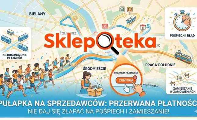 Jasna, radosna grafika okładkowa artykułu Ostrzeżenie Przed Przerwanymi Płatnościami na Sklepoteka.com.pl. Adaptująca styl mapy centralnej Warszawy, z zintegrowanym logiem Sklepoteka. Od lewej uśmiechnięta dłoń, złożona ze światła, wskazuje na mapę, unikając radosnych przeszkód. Pośrodku zmęczony sprzedawca trzyma paczkę i patrzy na powiększoną lupę ze statusem "PŁATNOŚCI INICJACJA". Z boku radosny kupujący zamyka okno przeglądarki z napisem "KONIEC". Całość buduje poczucie zorganizowania, oszczędności i profesjonalnego sukcesu e-commerce.