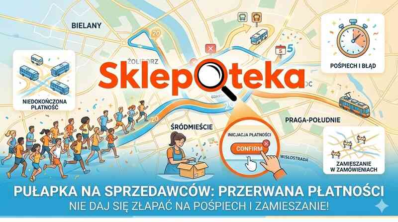 Jasna, radosna grafika okładkowa artykułu Ostrzeżenie Przed Przerwanymi Płatnościami na Sklepoteka.com.pl. Adaptująca styl mapy centralnej Warszawy, z zintegrowanym logiem Sklepoteka. Od lewej uśmiechnięta dłoń, złożona ze światła, wskazuje na mapę, unikając radosnych przeszkód. Pośrodku zmęczony sprzedawca trzyma paczkę i patrzy na powiększoną lupę ze statusem "PŁATNOŚCI INICJACJA". Z boku radosny kupujący zamyka okno przeglądarki z napisem "KONIEC". Całość buduje poczucie zorganizowania, oszczędności i profesjonalnego sukcesu e-commerce.