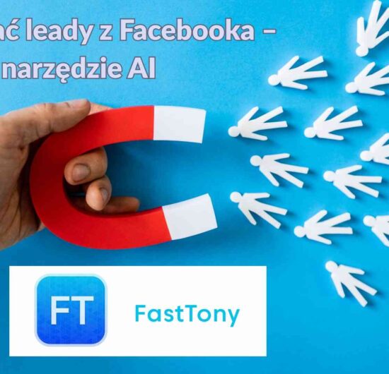 Grafika przedstawiająca proces zbierania leadów z Facebooka przy użyciu AI, logo FastTony i Meta Business Partner, lejek sprzedażowy z ikonami kontaktów.