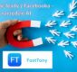 Grafika przedstawiająca proces zbierania leadów z Facebooka przy użyciu AI, logo FastTony i Meta Business Partner, lejek sprzedażowy z ikonami kontaktów.