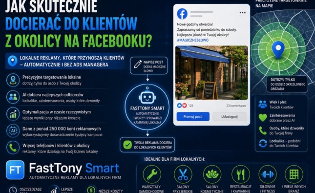 Grafika promująca lokalne reklamy na Facebooku z wykorzystaniem FastTony Smart. Na ilustracji widoczny post sponsorowany, mapa lokalnego targetowania oraz elementy AI wspierające automatyczne docieranie do klientów z okolicy.