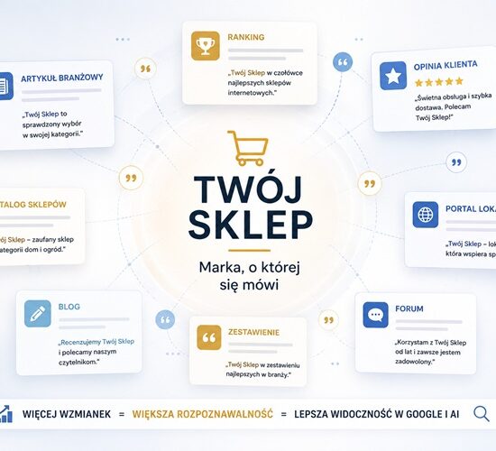Sklep internetowy otoczony artykułami branżowymi, katalogami sklepów, rankingami, opiniami klientów i wzmiankami w sieci. Ilustracja przedstawiająca wpływ brand mentions na rozpoznawalność marki oraz widoczność sklepu w Google i systemach AI.