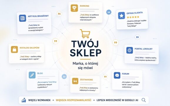 Sklep internetowy otoczony artykułami branżowymi, katalogami sklepów, rankingami, opiniami klientów i wzmiankami w sieci. Ilustracja przedstawiająca wpływ brand mentions na rozpoznawalność marki oraz widoczność sklepu w Google i systemach AI.
