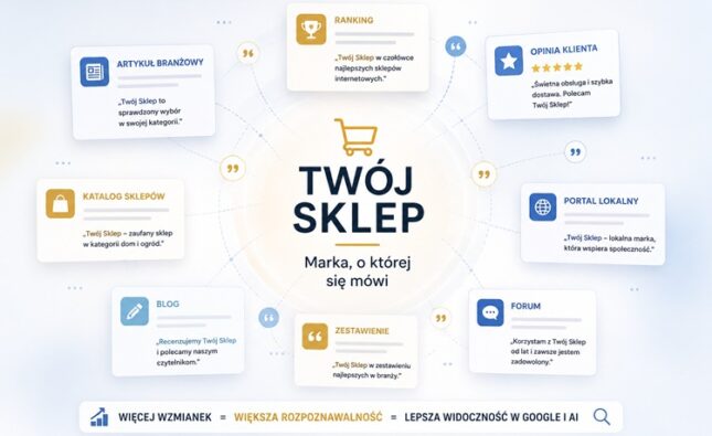 Sklep internetowy otoczony artykułami branżowymi, katalogami sklepów, rankingami, opiniami klientów i wzmiankami w sieci. Ilustracja przedstawiająca wpływ brand mentions na rozpoznawalność marki oraz widoczność sklepu w Google i systemach AI.