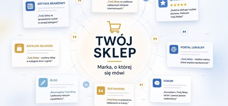 Sklep internetowy otoczony artykułami branżowymi, katalogami sklepów, rankingami, opiniami klientów i wzmiankami w sieci. Ilustracja przedstawiająca wpływ brand mentions na rozpoznawalność marki oraz widoczność sklepu w Google i systemach AI.