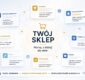 Sklep internetowy otoczony artykułami branżowymi, katalogami sklepów, rankingami, opiniami klientów i wzmiankami w sieci. Ilustracja przedstawiająca wpływ brand mentions na rozpoznawalność marki oraz widoczność sklepu w Google i systemach AI.