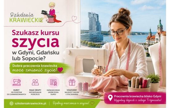 Kobieta szyjąca przy maszynie w nowoczesnej pracowni krawieckiej na tle panoramy Trójmiasta. Grafika promująca kursy szycia w Gdyni, Gdańsku i Sopocie prowadzone przez SzkoleniaKrawieckie.pl Danuta Zaczek.
