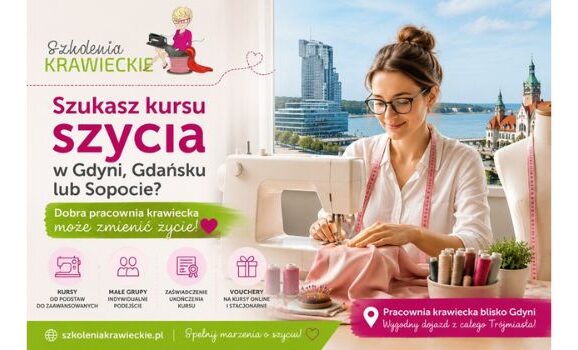 Kobieta szyjąca przy maszynie w nowoczesnej pracowni krawieckiej na tle panoramy Trójmiasta. Grafika promująca kursy szycia w Gdyni, Gdańsku i Sopocie prowadzone przez SzkoleniaKrawieckie.pl Danuta Zaczek.