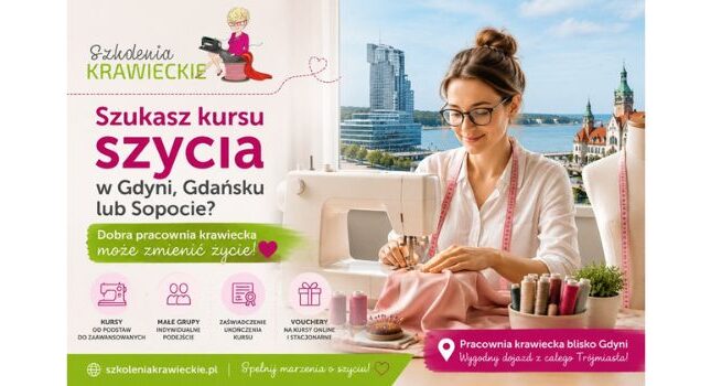 Kobieta szyjąca przy maszynie w nowoczesnej pracowni krawieckiej na tle panoramy Trójmiasta. Grafika promująca kursy szycia w Gdyni, Gdańsku i Sopocie prowadzone przez SzkoleniaKrawieckie.pl Danuta Zaczek.